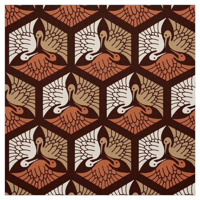 Japanese Cranes, Tan, Rust & Chocolate Brown Fabric (Swatch)