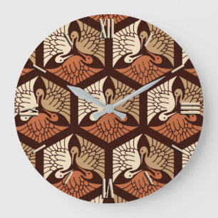Japanese Cranes, Tan, Rust & Chocolate Brown Large Clock