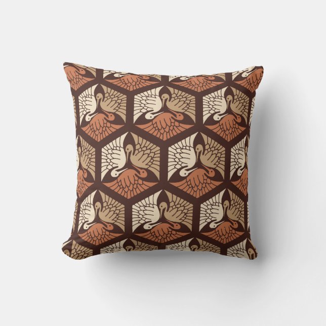 Japanese Cranes, Tan, Rust & Chocolate Brown Outdoor Cushion (Front)