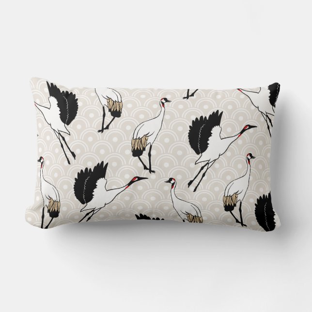 Japanese Cranes & Taupe Scallops Lumbar Cushion (Front)