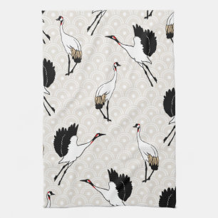 Japanese Cranes & Taupe Tea Towel