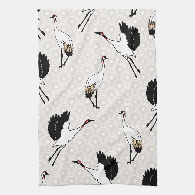 Japanese Cranes & Taupe Tea Towel (Vertical)