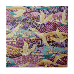 Japanese Cranes Traditional Design Purple Ceramic Tile