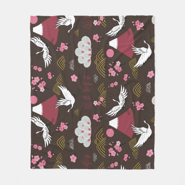Japanese Cranes: Traditional Seamless Pattern Fleece Blanket (Front)