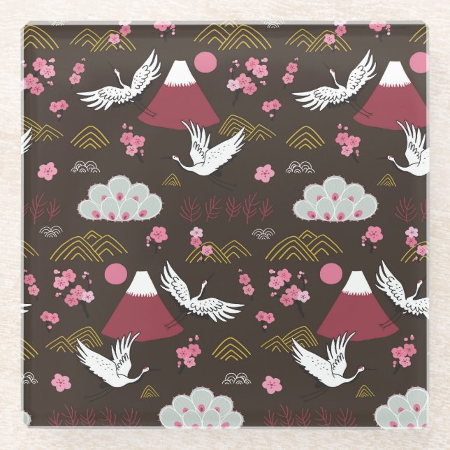 Japanese Cranes: Traditional Seamless Pattern Glass Coaster (Front)