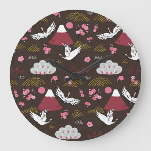 Japanese Cranes: Traditional Seamless Pattern Large Clock