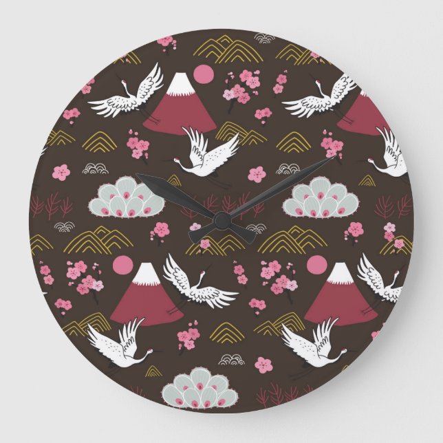 Japanese Cranes: Traditional Seamless Pattern Large Clock (Front)
