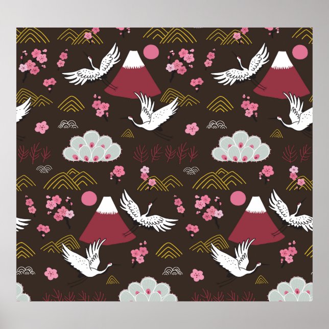 Japanese Cranes: Traditional Seamless Pattern Poster (Front)