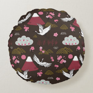 Japanese Cranes: Traditional Seamless Pattern Round Cushion