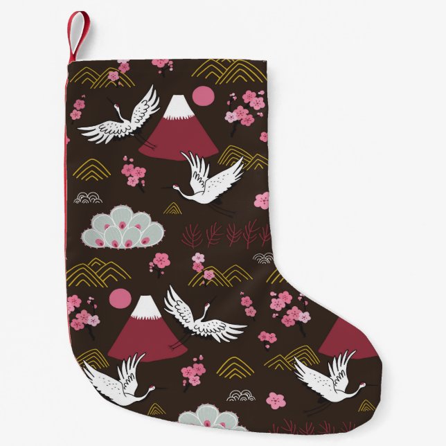 Japanese Cranes: Traditional Seamless Pattern Small Christmas Stocking (Front)