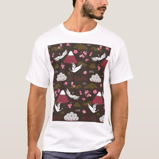 Japanese Cranes: Traditional Seamless Pattern T-Shirt (Front)