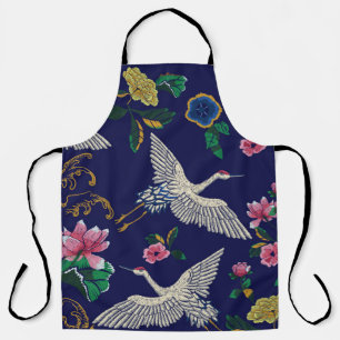 Japanese cranes, waves and flowers. Embroidery ill Apron