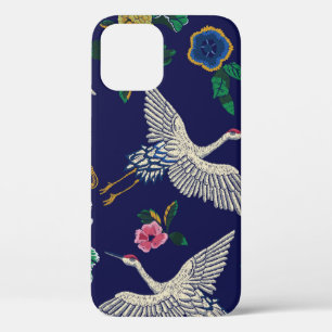 Japanese cranes, waves and flowers. Embroidery ill iPhone 12 Case