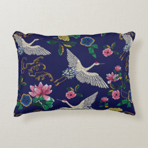 Japanese cranes, waves and flowers. Embroidery ill Decorative Cushion
