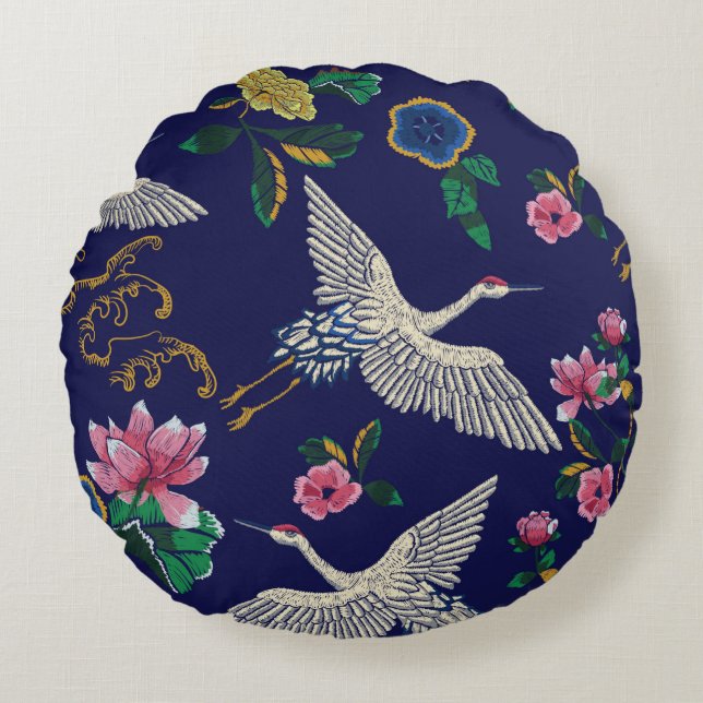 Japanese cranes, waves and flowers. Embroidery ill Round Cushion (Front)