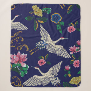 Japanese cranes, waves and flowers. Embroidery ill Sherpa Blanket