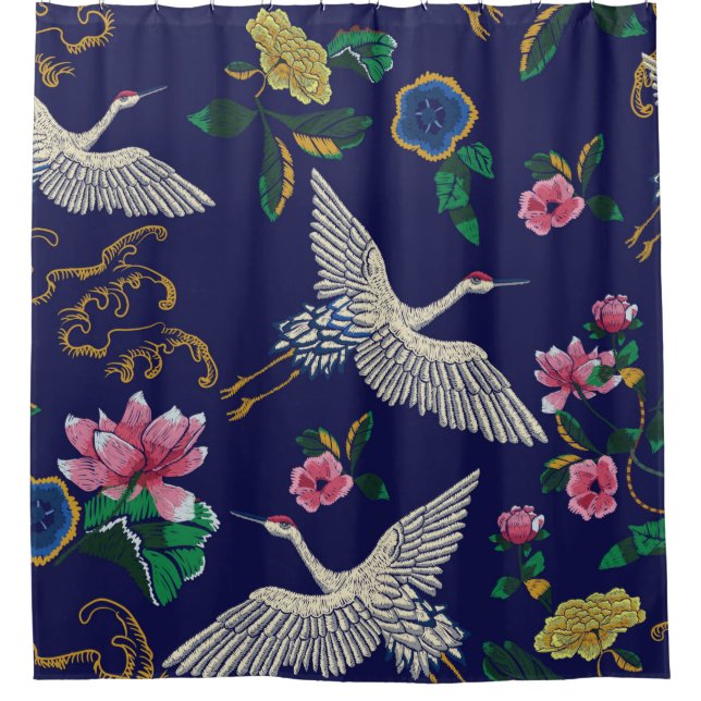Japanese cranes, waves and flowers. Embroidery ill Shower Curtain (Front)