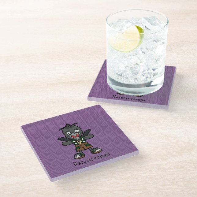 Japanese Crow Tengu: Cartoon Yokai Glass Coaster (Angled)