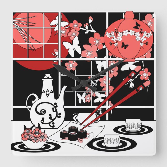 Japanese cuisine square wall clock (Front)