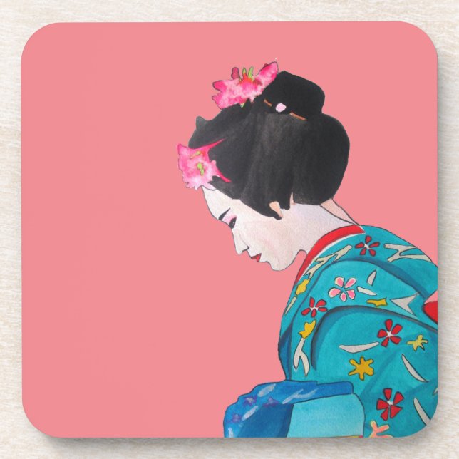 Japanese cute Geisha with cherry blossom Coaster (Front)