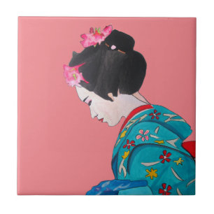 Japanese cute Geisha with pink cherry blossom Ceramic Tile