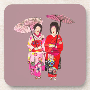 Japanese cute Geisha with pink kimono Coaster