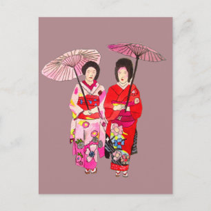 Japanese cute Geisha with pink kimono Postcard