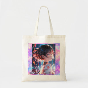 Japanese Cyberpunk Anime Girl Poster Neon City Tote Bag