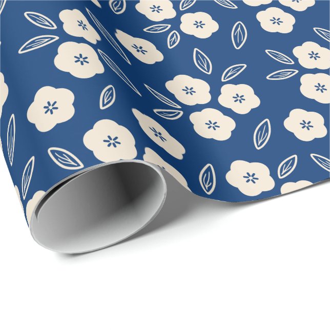 Japanese Dark Blue & Champagne Floral Pattern  Wrapping Paper (Roll Corner)
