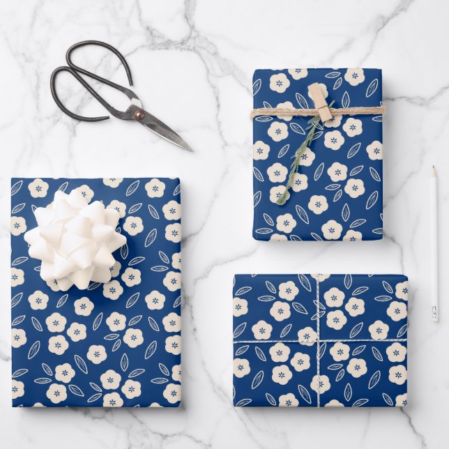 Japanese Dark Blue & Champagne Floral Pattern Wrapping Paper Sheet (Front)