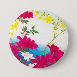 Japanese day lilies - magenta, yellow blue 7.5 cm round badge