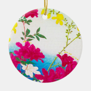 Japanese day lilies - magenta, yellow blue ceramic tree decoration
