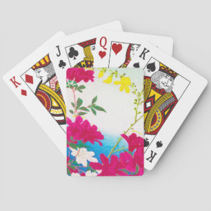 Japanese day lilies - magenta, yellow blue playing cards