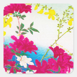 Japanese day lilies - magenta, yellow blue square sticker