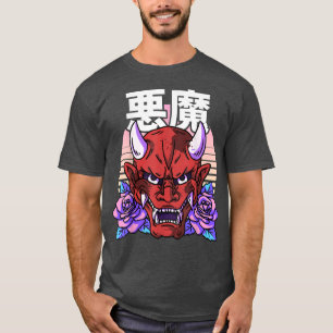 Japanese Demon Face Skull Devil Vaporwave Roses Fl T-Shirt