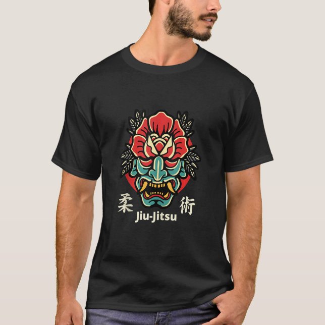 Japanese Demon Oni Mask Kabuki Jiu Jitsu Kanji T-Shirt (Front)