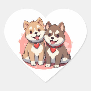 Japanese Dog Couple with Hearts Heart Sticker