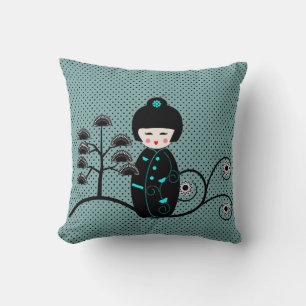 Japanese Doll Black and Blue Polka Dot  Cushion