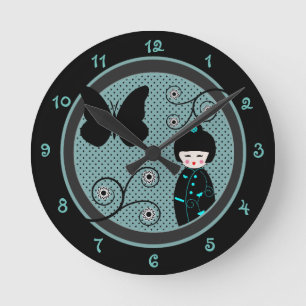 Japanese Doll Black and Blue Polka Dot Round Clock