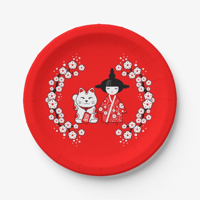 Japanese Doll - Kokeshi and Maneki Neko Cat Paper Plate (Front)