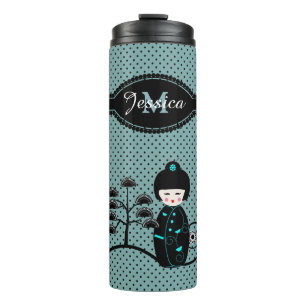 Japanese Doll Polka Dot Blue Personalised Thermal Tumbler