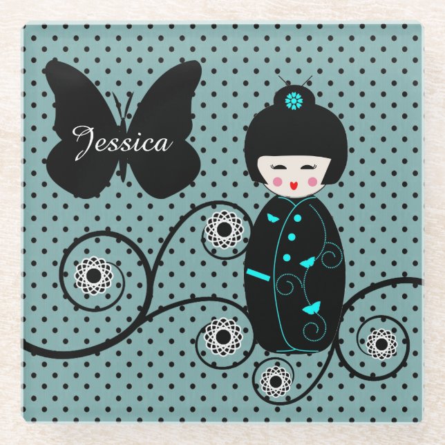 Japanese Doll Polka Dot Personalised Glass Coaster (Front)