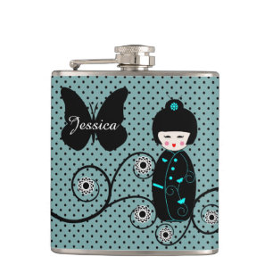 Japanese Doll Polka Dot Personalised Hip Flask