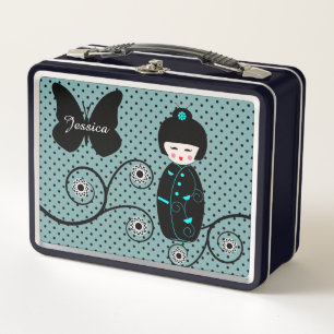 Japanese Doll Polka Dot Personalised Metal Lunch Box