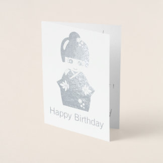 Japanese doll - silver birthday foil card