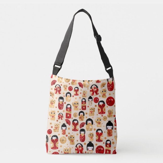 Japanese Dolls - Kokeshi and Maneki Neko Cats Crossbody Bag (Front)