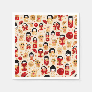 Japanese Dolls - Kokeshi and Maneki Neko Cats Napkin