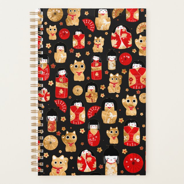 Japanese Dolls - Kokeshi and Maneki Neko Cats Planner (Front)
