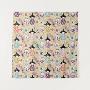 Japanese Dolls - Kokeshi and Maneki Neko Cats Tapestry