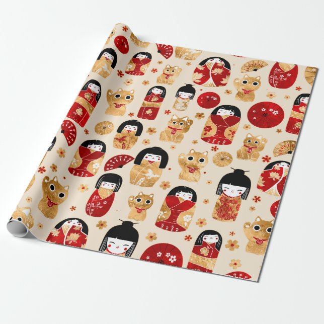 Japanese Dolls - Kokeshi and Maneki Neko Cats Wrapping Paper (Unrolled)